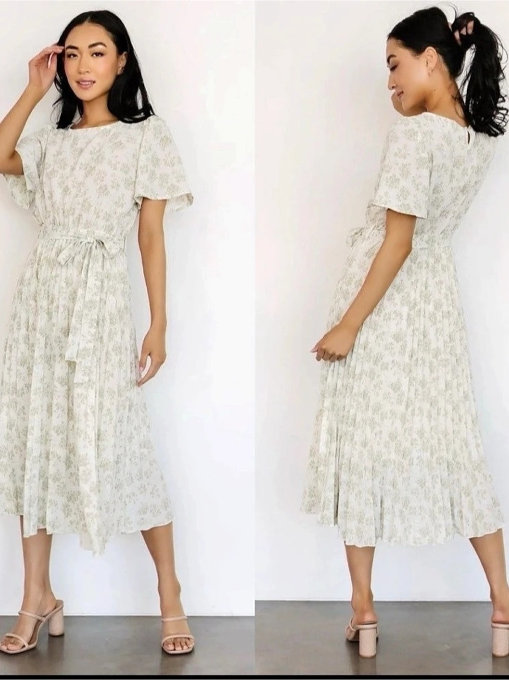 BALTICBORN Floral Midi Dress in Cream & Green Size Large